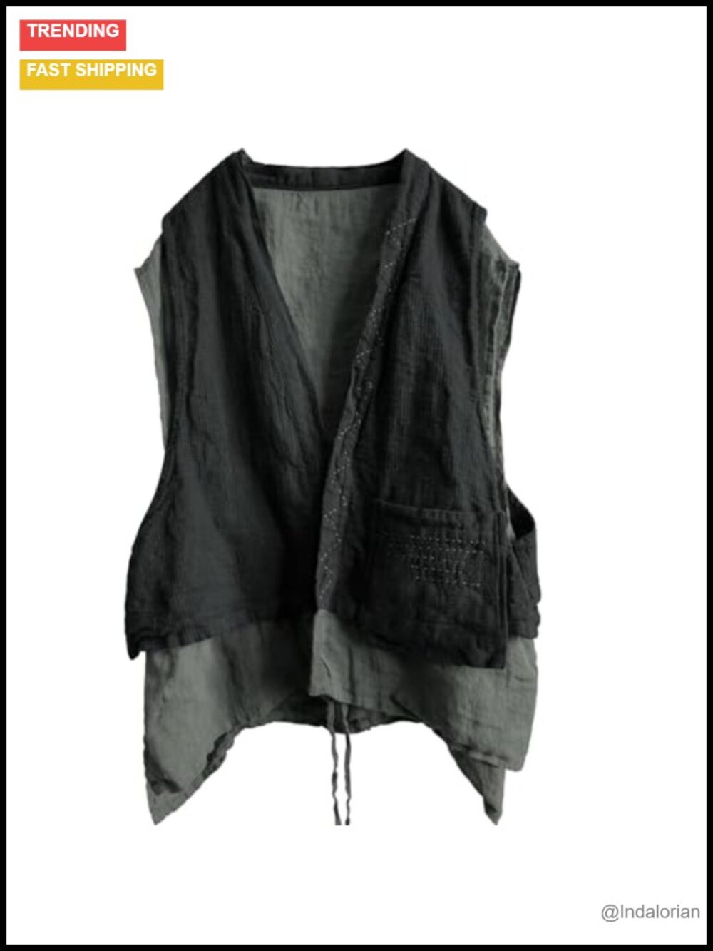 Linen Double-Layer Vest Sleeveless Kimono Cardigan Open Front with Pockets